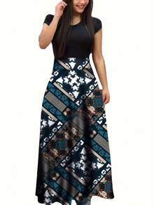 Vestido de manga corta a juego con estampado de flores de estilo europeo y americano para mujer, falda con vuelo grande, 2024 - colmillo ge - Ver 7
