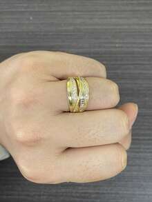 1 pieza Anillo de lujo francés con circonita cúbica y rhinestone, anillo ajustable de múltiples capas brillante, adecuado para todas las ocasiones, uso en fiestas, regalo de joyería para la novia - Dorado - Ver 2