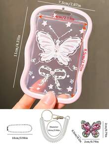 Pink Diamond Butterfly Pendant Card Holder With Pearl Chain, High-Quality Star Bow Transparent Wave Edge Design Card Case With Spring Cord And Buckle, Suitable For Student ID, Meal Card, Transit Card, Access Card, Bank Card And Other Cards, Scratch-Resistant And Shockproof, Suitable For Campus Commute, Daily Travel, Office Access, Gift For Friends, Girlfriend, Students, Birthday, Holiday, School Gifts - Multicolor - View 11