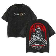 Albedo - Overlord Anime Double Printed Vintage Washed Tee Unisex Oversize Anime Manga Washed Heavyweight Cotton T-Shirt, Gift For Anime Fan, Anime Loversummer Outfits For Women - 黑色 - 查看 1