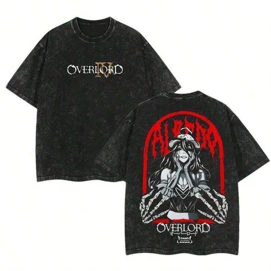 Albedo - Overlord Anime Double Printed Vintage Washed Tee Unisex Oversize Anime Manga Washed Heavyweight Cotton T-Shirt, Gift For Anime Fan, Anime Loversummer Outfits For Women - 黑色 - 查看 1