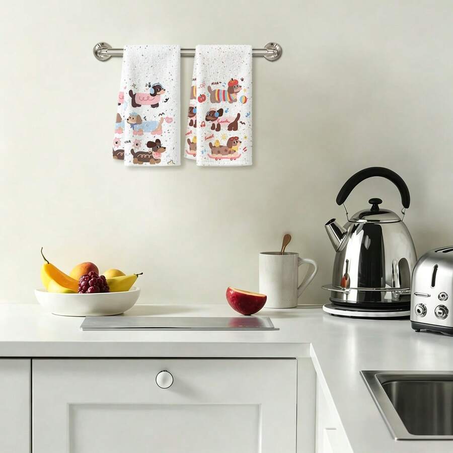 1pc/2pcs/4pcs Adorable Towels Featuring Dachshund, Letter And Music Note Prints. Soft In Texture, Excellent Water Absorption And Fast Drying Performance. Washable And Practical For Kitchen, Bathroom And All Home Scenes - Multicolor - View 1