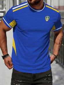 Blue Tone Leeds United Themed 3D Digital Print Short Sleeve Tee, Front Decorated With Badge Logo, Body Covered In Fine Horizontal Stripes, Shoulders And Sides Accented With Yellow-White Contrast Lines, Sleek Silhouette Combines Sports Vigor And Fresh Texture. - Multicolor - View 1