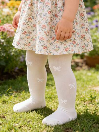 1pc White Bow Baby Girls' Tights, Cute Fashion Bow Tights, Holiday Birthday Party Baby Shower Decoration Gift, Comfortable Breathable Soft, Suitable For Newborn Infant Toddler Girls Bow Tights