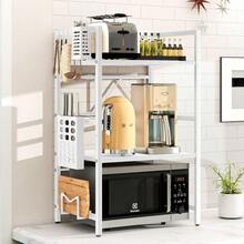 Expandable Three-Layer Microwave Rack With Hooks And Brackets - Adjustable Heavy-Duty Kitchen Countertop Organizer - White - View 1
