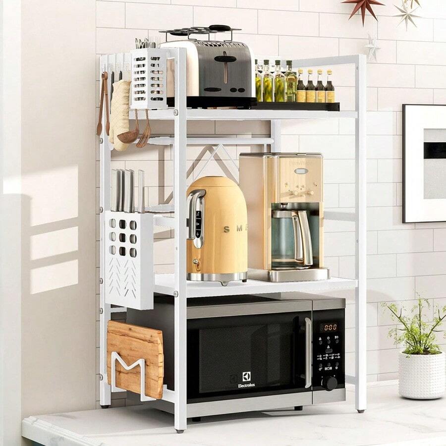 Expandable Three-Layer Microwave Rack With Hooks And Brackets - Adjustable Heavy-Duty Kitchen Countertop Organizer - White - View 1