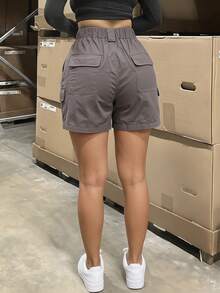 Casual Cargo Daily Women's Grey High Waist Cargo Shorts, Casual Solid Color Utility Mini Bottoms, Streetwear & Everyday Outfits - 淺灰色 - 查看 5