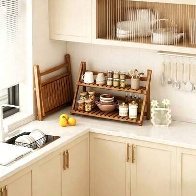 1 pieza Estantería de almacenamiento multiusos de bambú para cocina, soporte para tazas en el comedor, estantería para libros en el estudio, estante para plantas suculentas, organizador plegable de sobremesa, pequeño estante multiusos para el hogar