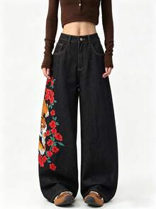 1pc Korean Style Colorful Tiger Embroidery Loose Wide-Leg Jeans, Casual Versatile Denim Pants For Women Vacation Black Fall - Black - View 3