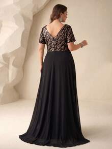 UNITHORSE [Random Cut] Women's Elegant V-Neck Short Sleeve Sequin Patchwork Chiffon Cocktail Party High Slit Dress - Black - View 3
