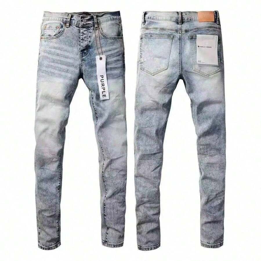 Men Purple Jeans 2026 New Arrival High Street Fashion Retro Slim Fit Splatter Paint Graffiti Ripped Stretch Denim Pants High Quality - 藍色 - 查看 1