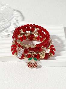 4pcs/Set Versatile Red ABS Beaded Cherry Pendant Bracelets, Suitable For Daily And Vacation Wear - Red - View 6