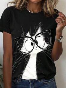 VintagevintageSelamara Damen Freizeit-T-Shirt mit kurzen Ärmeln, Welpen-Print und Rundhalsausschnitt, vielseitig für den Sommer. - Schwarz - Übersicht 12