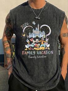 Disney Officially Licensed Family Vacation 2026 Washed Sleeveless Tank Top, Castle Crew Graphic Tee, Vintage Oversized Casual Muscle Shirt, Perfect For Theme Park Trips & Fans - 黑色 - 查看 3