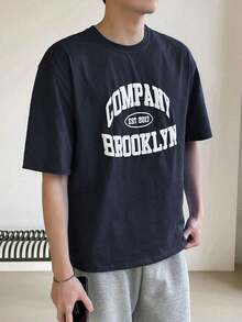 Camiseta de hombro caído con gráficos de letras, de verano - Gris - Ver 7