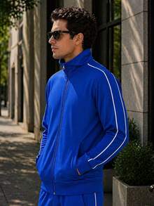 Men's Contrast Pipe Side Stripe Solid Color Zip Up Track Jacket Activewear Top - Blue - View 2