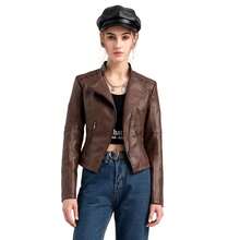 Women's Slim Fit Faux Leather Jacket Short Motorcycle Style Zip Up Casual Spring Autumn Coat - Coffee - View 7