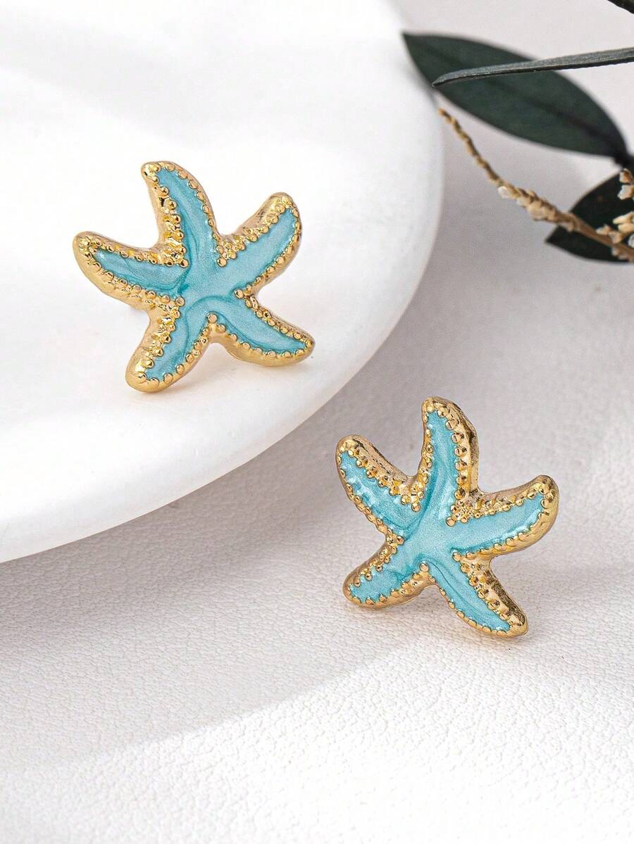1 Pair Fashion 3D Alloy Colorful Pearl Shell Star Stud Earrings - Blue - View 1
