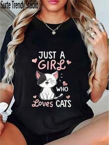 Camiseta Oversized para Mujer - Diseño Gráfico de una Cara Sonriente y de una Persona que Ama a los Gatos, Transpirable, de Corte Holgado, Manga Corta, Cuello Redondo, Lavable, Ropa Casual de Verano y Primavera, Atuendo para Vacaciones, Estilo de Fin de Semana, Camiseta de Corte Relajado, Cómoda de Usar, Estampado Elegante, Camiseta Estampada, para Amantes de Mascotas, Ropa para Festivales, Adecuada para primavera, verano y otoño. - Negro - Ver 7