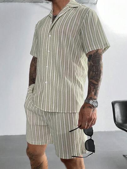 GloMan Men's Striped Short Sleeve Shirt And Shorts Set, Minimalist Fashion Casual 2-Piece Outfit. Comfortable, Suitable For Daily Wear, Outings, Great Gift For Boyfriend/Husband
