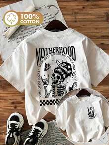 Both Sides Print, Spring/Summer Fashion Women's Top, Dark Style, Skull And Butterfly, "MOTHERHOOD SOME DAYS IT ROCKS" Print, Women's Short Sleeve Round Neck T-Shirt, ChuK-T Shirt Damen - White - View 1