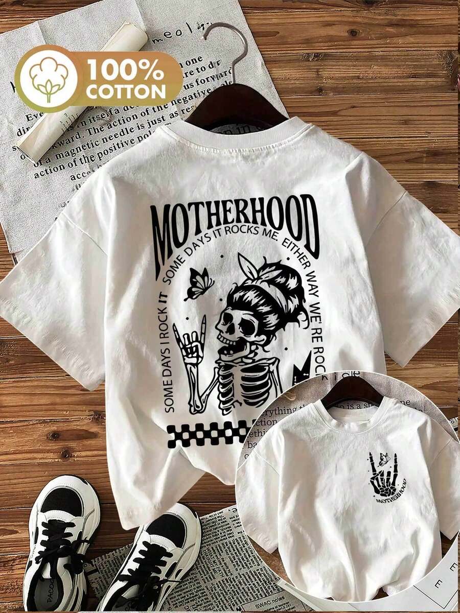 Both Sides Print, Spring/Summer Fashion Women's Top, Dark Style, Skull And Butterfly, "MOTHERHOOD SOME DAYS IT ROCKS" Print, Women's Short Sleeve Round Neck T-Shirt, ChuK-T Shirt Damen - White - View 1