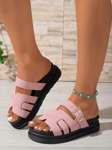 Giày sandal đế dày, khóa kim loại khoét rỗng, kiểu dáng thường ngày, thích hợp cho hoạt động ngoài trời, dành cho nữ, sandal đế cao chống trượt tối giản. - Hồng - Xem 4