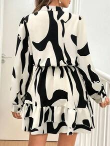 Vestido corto de otoño para mujer, estampado abstracto, cuello camisero, manga larga y falda con volantes - Multicolor 2 - Ver 2