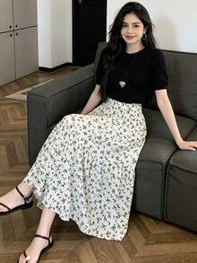 Falda de falda a medio largo con estampado floral para mujer, nuevo modelo de verano, de cintura alta, versátil, informal, ideal para el día a día y para las vacaciones - Blanco - Ver 4
