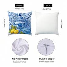 4pcs Set Simple Daily Blue & White Porcelain Lemon Pattern Throw Pillow Cover, Single-Sided Printed Peach Velvet Material, 45*45CM Cushion Cover Suitable For Modern Minimalist Sofa Living Room Decor, Gift, Party Decoration - Multicolor - View 2