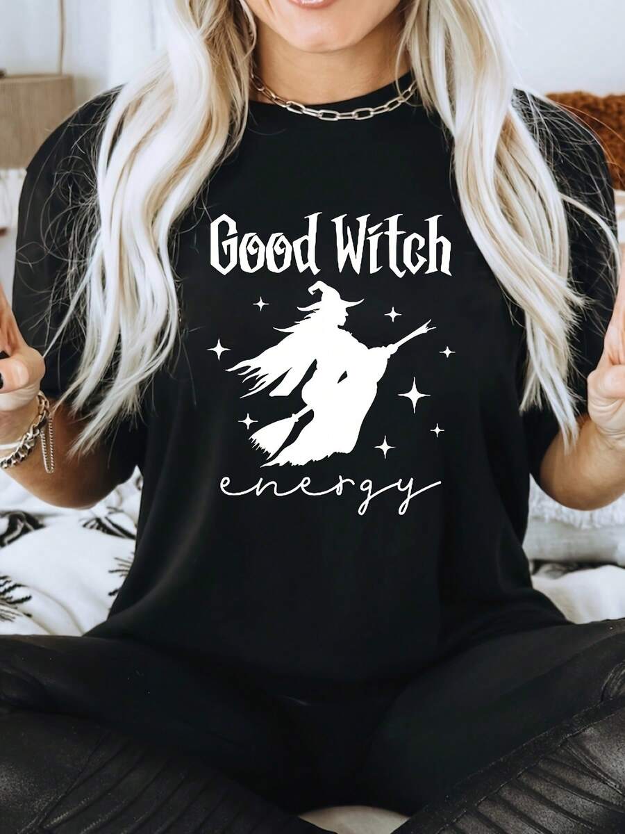 Women's Halloween T-Shirt - Good Witch Graphic Design With Silhouette And Stars, Soft Elastic Crew Neck, Cute And Fun Casual Top, Perfect Gift For Her, Machine Washable, Seasonal Fashion, Comfortable Fit, Eye-Catching Shirt, Ideal For Festive Shopping - 黑色 - 查看 1