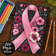 1pc Spiral Notebook With Horizontal Lines, Pink Ribbon Floral Design, Breast Cancer Awareness Gift Notebook, Suitable For Women And Men, Office & School Supplies, Inspirational Gift For Friends And Colleagues, Scrapbooking DIY Kit, Spiral Bound Horizontal Line Notebook - D - View 4