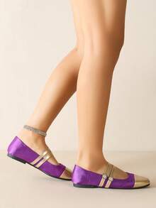 Square Toe Mary Jane Shoes, Gold Patchwork, Double Strap, School Uniform Shoes, Versatile All Season Plus Size Loafers - Purple - View 14
