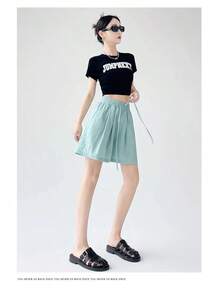 Pantalones cortos de verano para mujer, pantalones cortos informales lisos con dos bolsillos, pantalones cortos de cintura elástica, pantalones cortos sueltos de cintura alta para niñas, pantalones cortos de playa suaves para mujer - Rosa - Ver 5