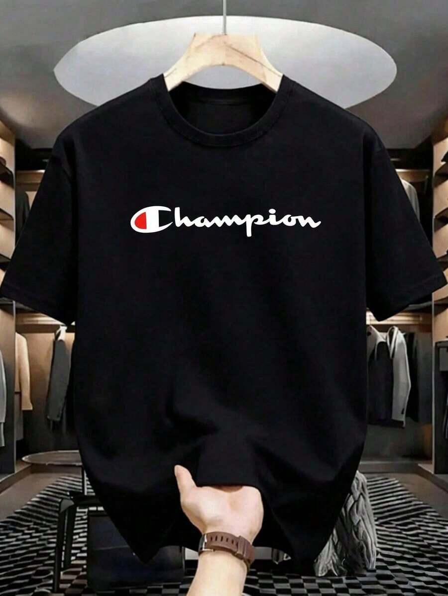 Camiseta de algodón de cuello redondo informal para mujer, camiseta deportiva para mujer, camiseta para parejas, regalo de San Valentín, regalo de cumpleaños, regalo de Navidad, adecuada para todas las estaciones, camiseta 100% algodón para mujer, camiseta de algodón, top de San Valentín para mujer con estampado Champion, blanco y rojo, elegante y versátil, diseño clásico, perfecta para uso diario u ocasiones especiales. - Negro - Ver 1