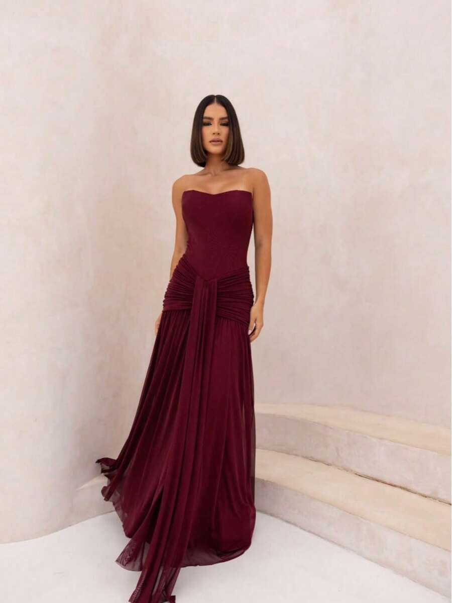 Sophisticated Long Tulle Party Dress With Back Tie, Elegant, Sexy, Zipper, Wedding - 紅木色 - 查看 1