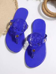 Women's Round Metal Decor Flat Toe Ring Sandals, Summer Holiday Style Fashion Flat Slippers, Comfortable Flat Beach Sandals - Blue - View 6