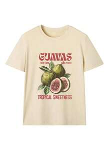 Nueva camiseta casual, suave y versátil para mujer, de cuello redondo, transpirable, con estampado de frutas, ropa de ocio, para primavera/verano-Vintage Street Style Unisex Loose Cotton Short Sleeve Crew Neck T-Shirt - Albaricoque - Ver 3