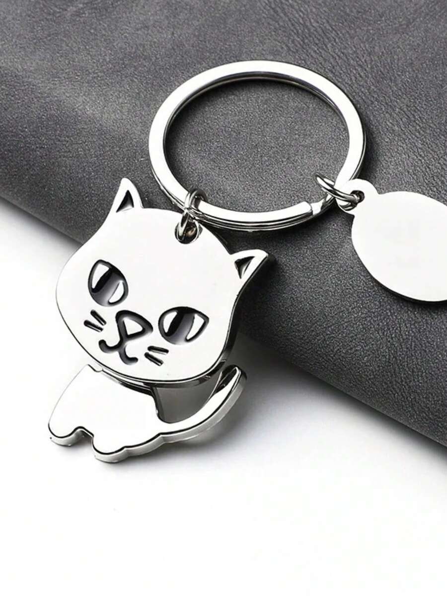 1个卡通猫狗钥匙扣，头部可旋转，可爱宠物造型，光滑不锈钢材质，儿童趣味钥匙链吊坠 - 彩色 - 查看 1