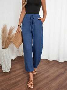 Pantalones largos informales sólidos con efecto de mezclilla y encaje lateral para mujeres - Azul 2 - Ver 3