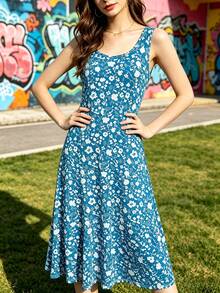 Spring/Summer Casual Vacation Style Ditsy Floral Slim Fit Versatile Dress, Perfect For Mother's Day Elegant - Blue - View 4