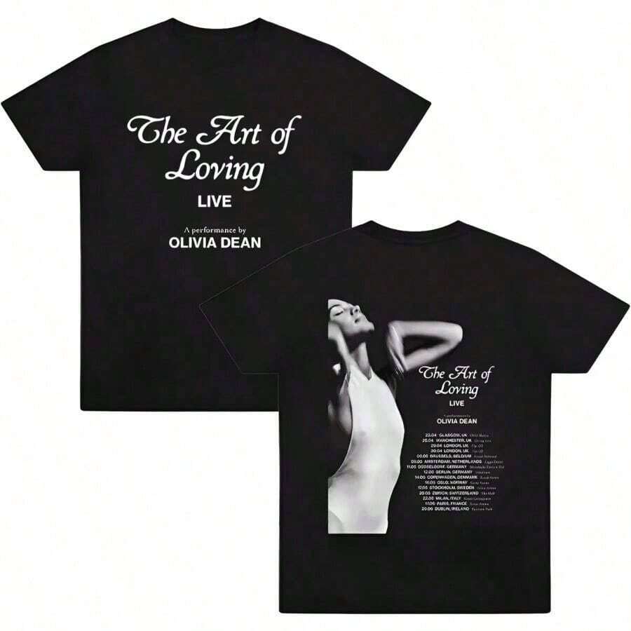 T-shirt di moda neutra con motivo artistico di Olivia Dean's "Love LIVE", stile vintage da str , in cotone morbido, girocollo, maniche corte, oversize, unisex, tta per uomo e - nero - Visualizzare 1