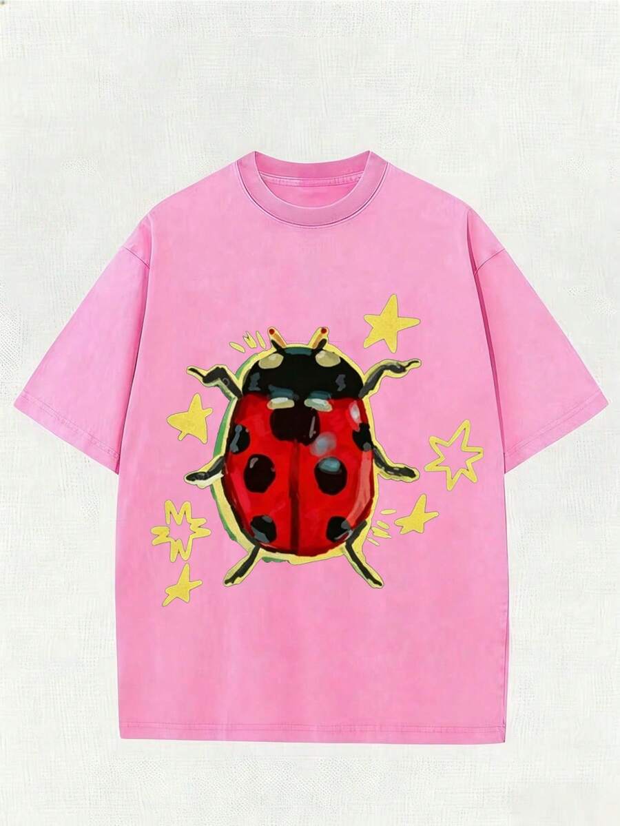 Washed Rose Red Unisex Tee, Star & Ladybug Print, Vintage Distressed Style, Premium Fabric, Summer Graphic Top, Ideal For Daily Wear & Holiday Gifts - 玫瑰紅 - 查看 1