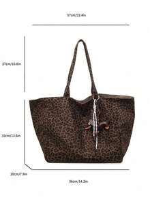 Bolso Tote de Gran Capacidad con Diseño Marrón, Gancho Externo para Taza de Café, Cubierta Superior con Estampado de Leopardo, Doble Correa para el Hombro y Llavero - Marrón - Ver 5