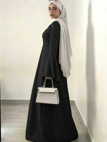 Olive Green Loose Long Sleeve Elegant Women's Dress, Casual Daily Wear Black - Black - View 6
