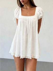 Women Y2k Babydoll Summer Tops Short Sleeve Square Neck Solid Color Puffed Blouse Fairy Grunge Loose Fit Shirts Casual Comfy Going Out Tops Vintage A-Line Ruffled Dresses Daily Shopping Office Travel Babydoll Dress Beach Vacation Sundress Flowy Swing A Line Dress Going Out Dresses - trắng - Xem 2