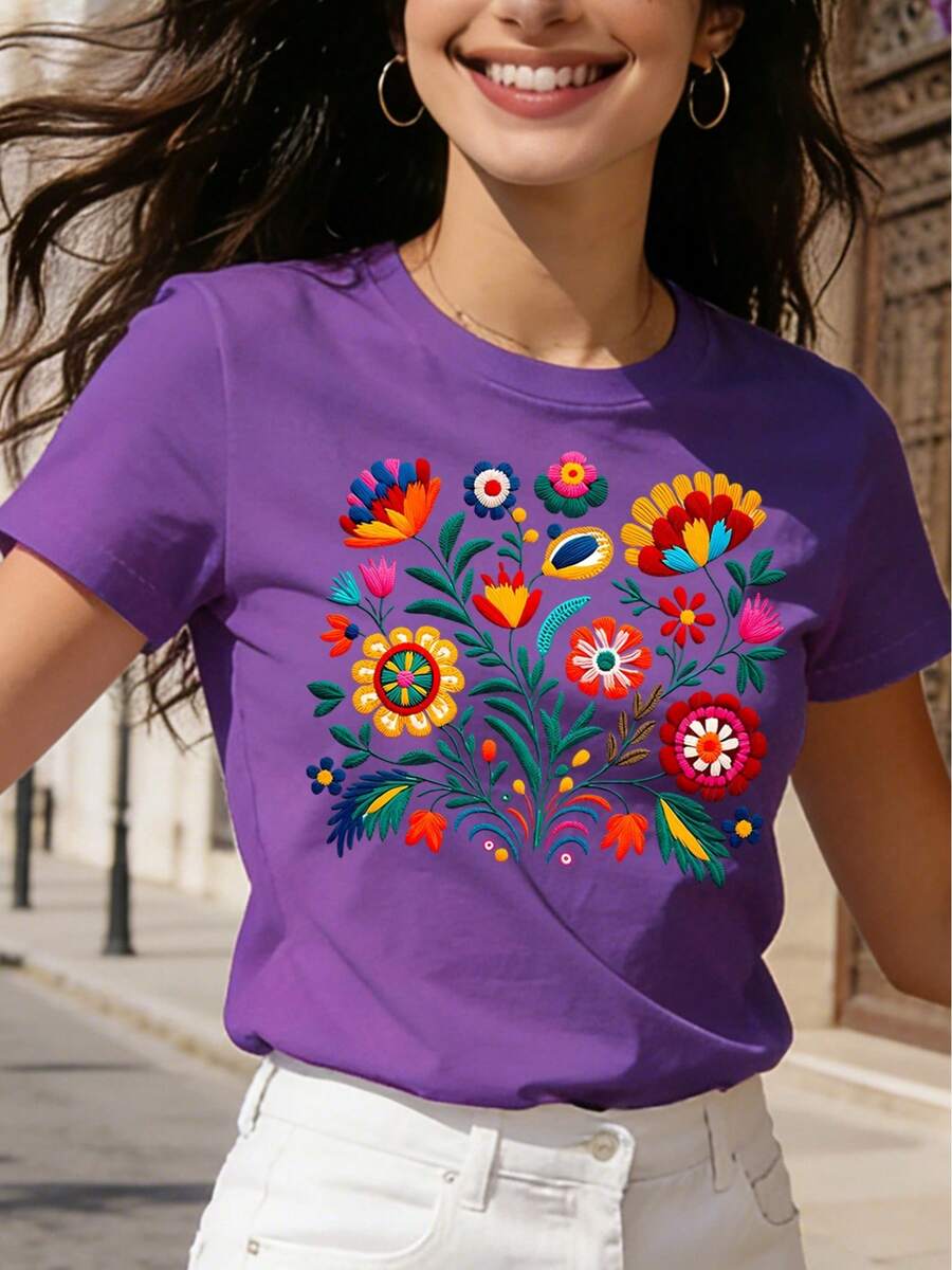 Mexican-Style T-Shirt With A Colorful Floral Print Featuring Festive Motifs, Casual Short-Sleeved Top With A Round Neck For Women. DWRM - 深紫色 - 查看 1