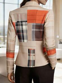 HOMEYEE Long Sleeve Plaid Print Blazer, Retro Elegant Casual Vacation Formal Daily Business Commute Workwear - Màu be - Xem 2