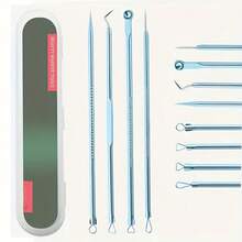 1/11 piezas Kit de herramientas para el tratamiento del acné y extracción de puntos negros, Juego de herramientas para el tratamiento del acné, Herramienta para eliminar puntos negros, Juego de herramientas profesionales de acero inoxidable para extraer acné y manchas - Multicolor - Ver 22