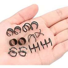 Set Of 12 Women's Earrings, Ear Piercings, Surgical Steel, Gold, Silver, Black - 黑色 - 查看 6